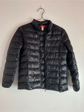 Girl’s AQUA Bloomingdale's Black Gloss Quilted Puffer Jacket Large